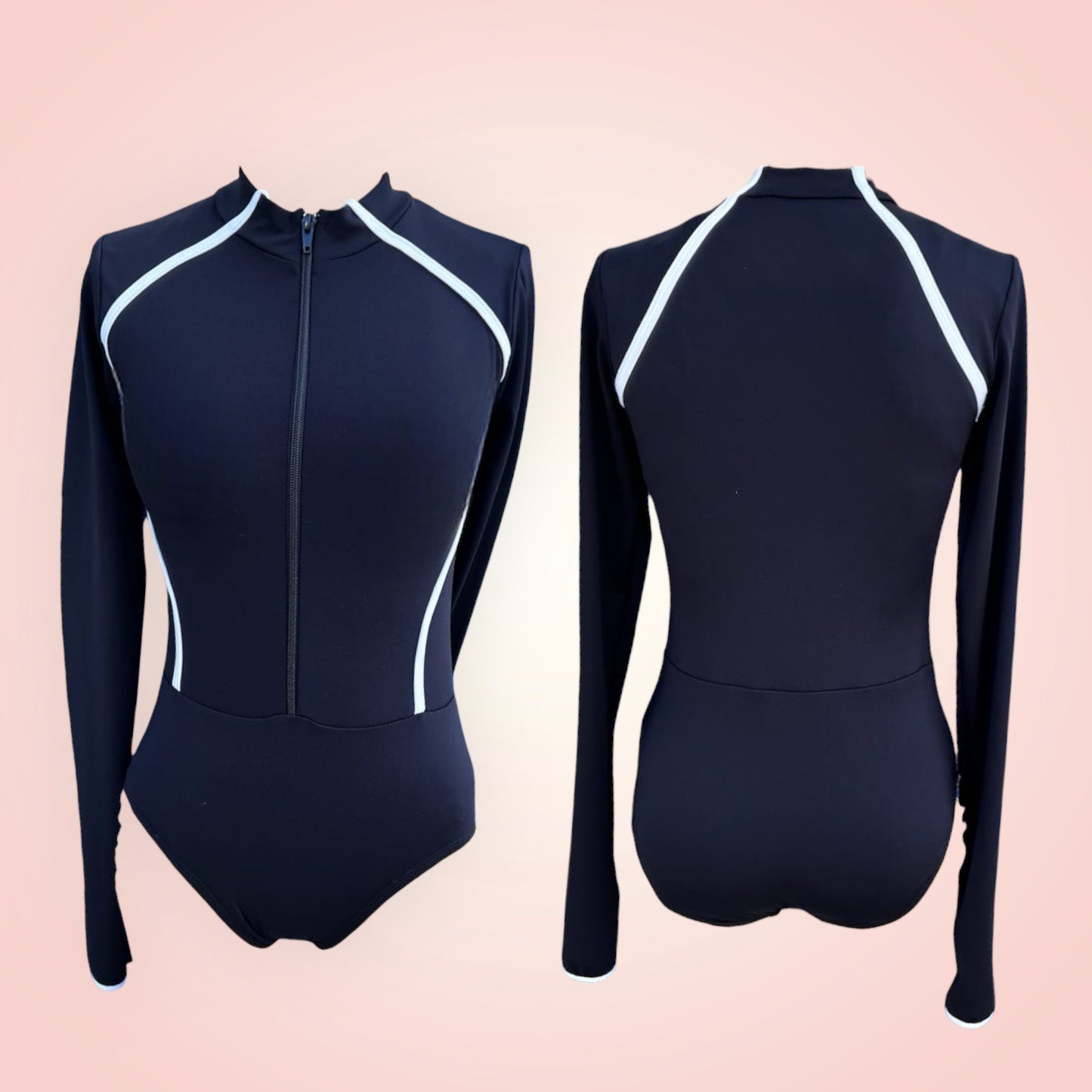 Minimalist yet edgy, the Maddie is a high neck black leo with white detailing to accentuate an hourglass shape. The sleeves are long and extended with the thumbhole. Wear it to class, wear it on stage, throw on some jeans over it... this is a truly transitional piece that gives us all the v i b e s