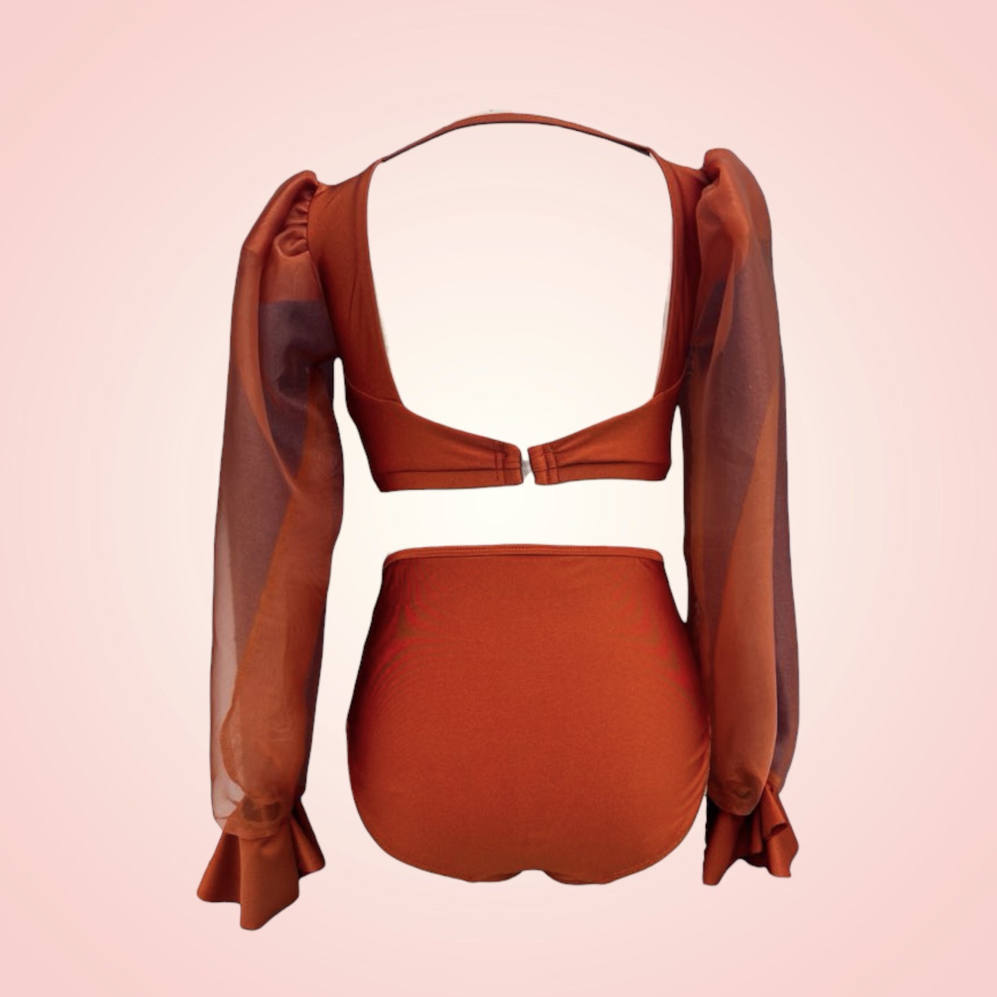 Rust, romantic, dreamy... check, check, check. With puffed organza sleeves and a soft flutter finish, this set is sure to melt hearts. Only one left! 