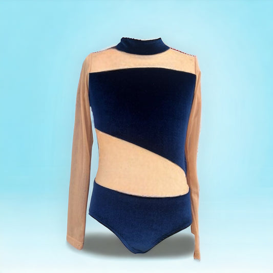 Unleash your inner dance goddess! Our navy blue velvet leotard with asymmetrical cutouts is a showstopper. The rich hue, velvet texture, and strategic cutouts amp up the drama. Command the stage in style with Opra Dancewear!